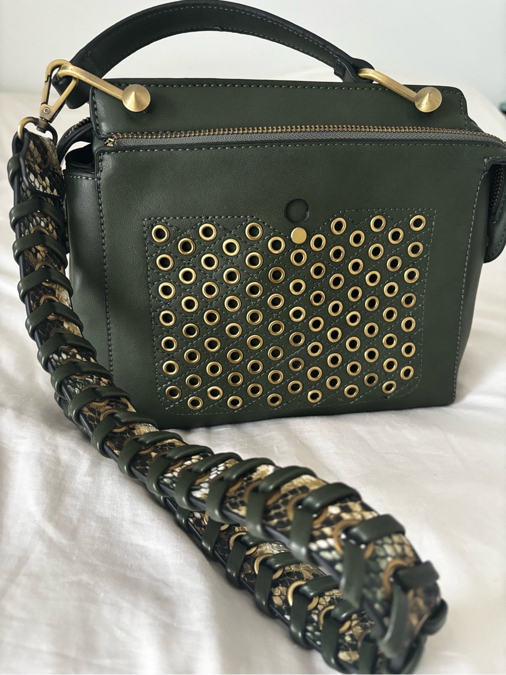 NWOT Browns Olive Green Grommet Leather Crossbody with Braided snake skin strap